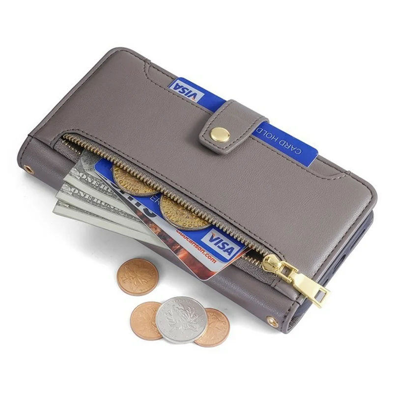 For itel A50C Leather Case Zipper Pocket Wallet Phone Cover with 2 Straps - Grey