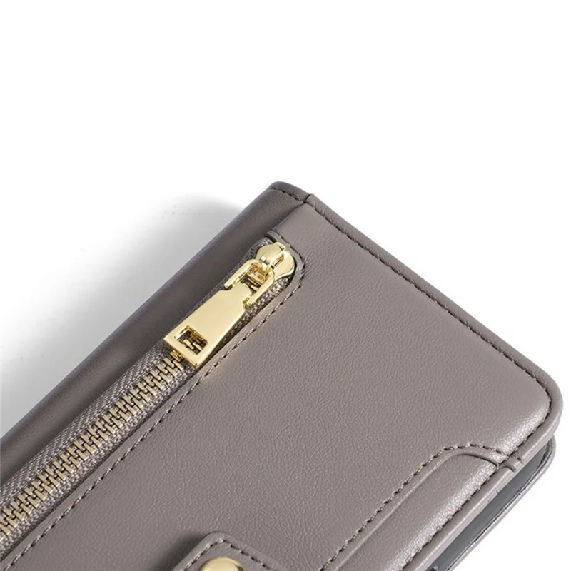 For itel A50C Leather Case Zipper Pocket Wallet Phone Cover with 2 Straps - Grey