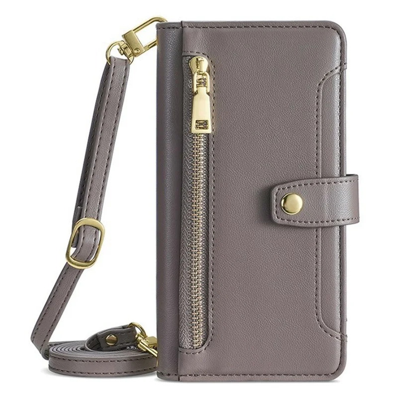 For itel A50C Leather Case Zipper Pocket Wallet Phone Cover with 2 Straps - Grey