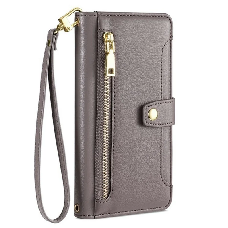 For itel A50C Leather Case Zipper Pocket Wallet Phone Cover with 2 Straps - Grey