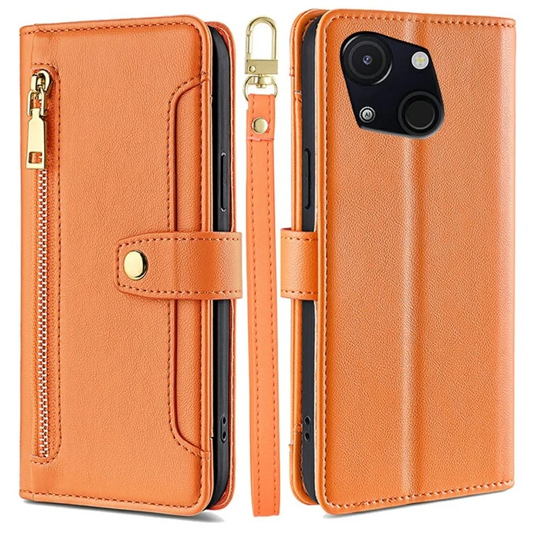 For itel A50C Leather Case Zipper Pocket Wallet Phone Cover with 2 Straps - Orange