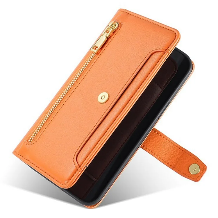 For itel A50C Leather Case Zipper Pocket Wallet Phone Cover with 2 Straps - Orange