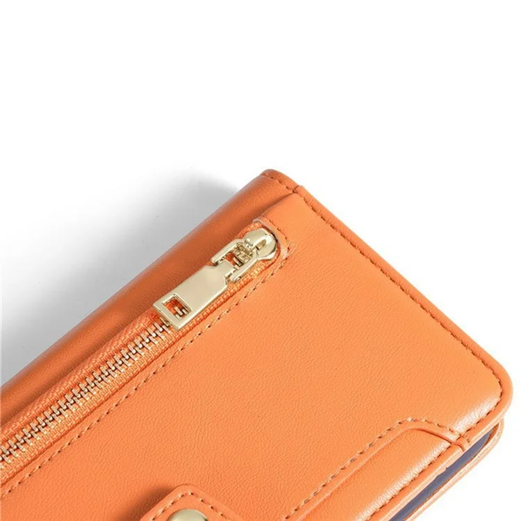 For itel A50C Leather Case Zipper Pocket Wallet Phone Cover with 2 Straps - Orange