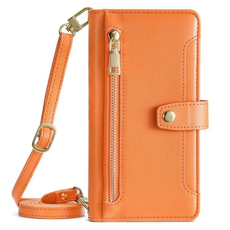 For itel A50C Leather Case Zipper Pocket Wallet Phone Cover with 2 Straps - Orange