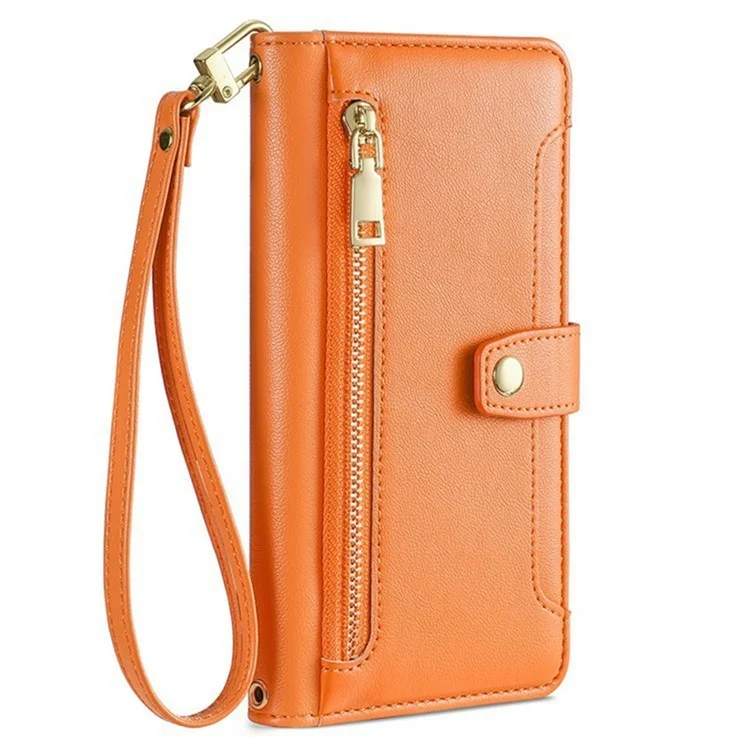 For itel A50C Leather Case Zipper Pocket Wallet Phone Cover with 2 Straps - Orange