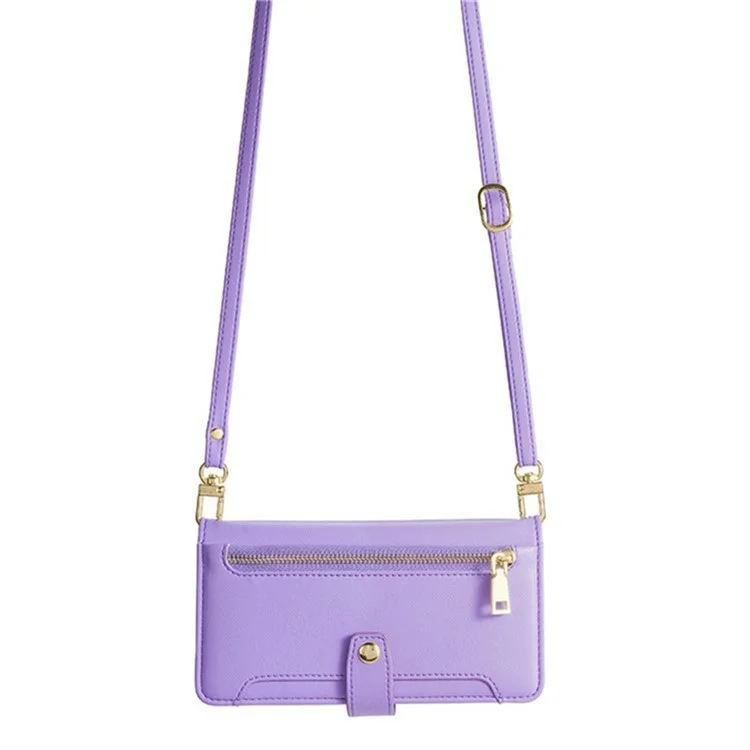 For itel A50C Leather Case Zipper Pocket Wallet Phone Cover with 2 Straps - Purple