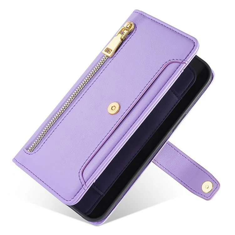 For itel A50C Leather Case Zipper Pocket Wallet Phone Cover with 2 Straps - Purple