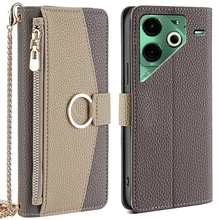 For TECNO Pova 6 Neo Case Mirror Wallet Leather Phone Cover with Chain Shoulder Strap - Grey