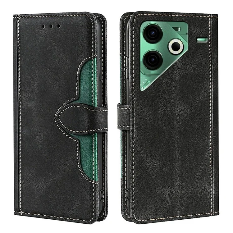 For TECNO Pova 6 Neo Case Leather Wallet Phone Cover with Straw Hat Magnetic Clasp - Black
