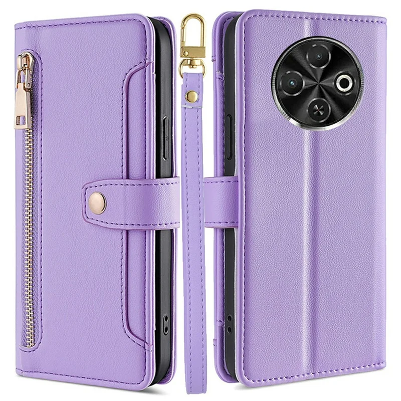 For TECNO Spark 30C 4G Leather Case Zipper Pocket Wallet Phone Cover with 2 Straps - Purple