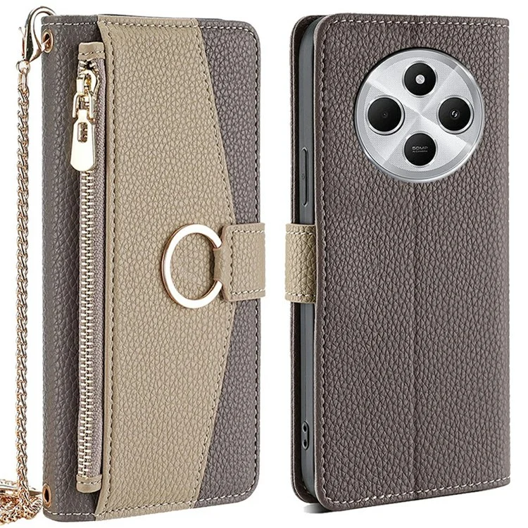 Capa de Couro para Xiaomi Redmi 14C 4G / 14R 5G / A4 5G / Poco C75 4G Carteira Espelhada com Alça Transversal - Cinza