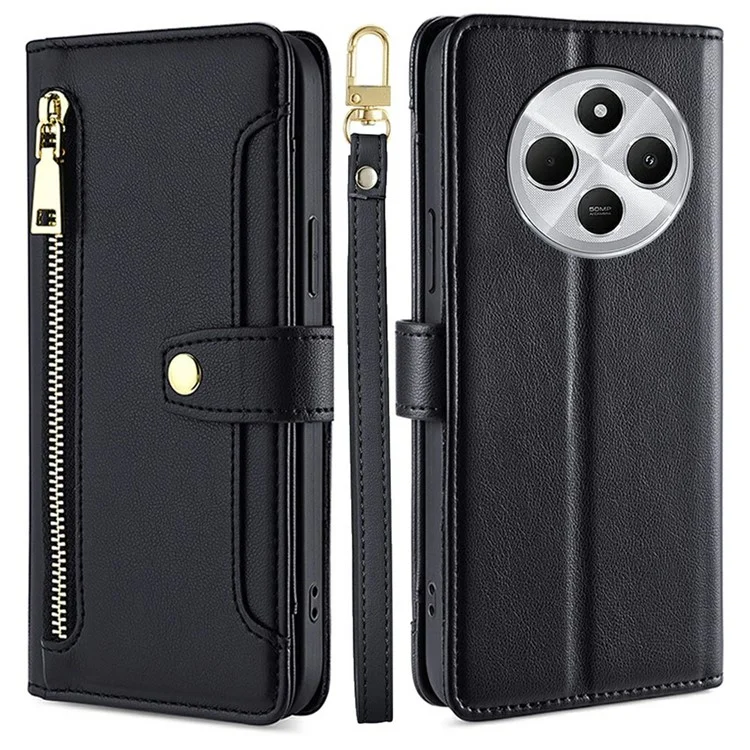 Capa de Couro para Xiaomi Redmi 14C 4G / 14R 5G / Poco C75 4G / A4 5G com Bolso de Zíper Carteira para Celular com 2 Alças - Preto