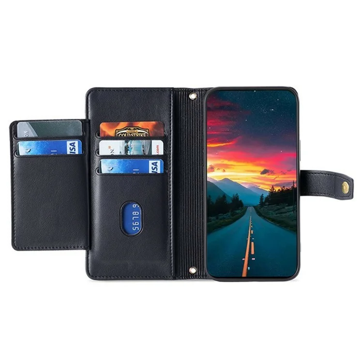 Capa de Couro para Xiaomi Redmi 14C 4G / 14R 5G / Poco C75 4G / A4 5G com Bolso de Zíper Carteira para Celular com 2 Alças - Preto