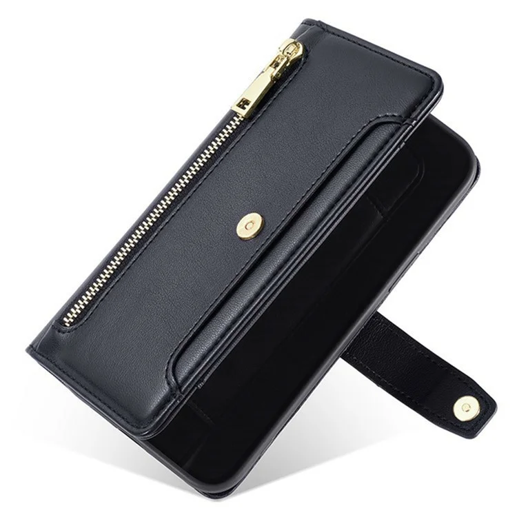 Capa de Couro para Xiaomi Redmi 14C 4G / 14R 5G / Poco C75 4G / A4 5G com Bolso de Zíper Carteira para Celular com 2 Alças - Preto