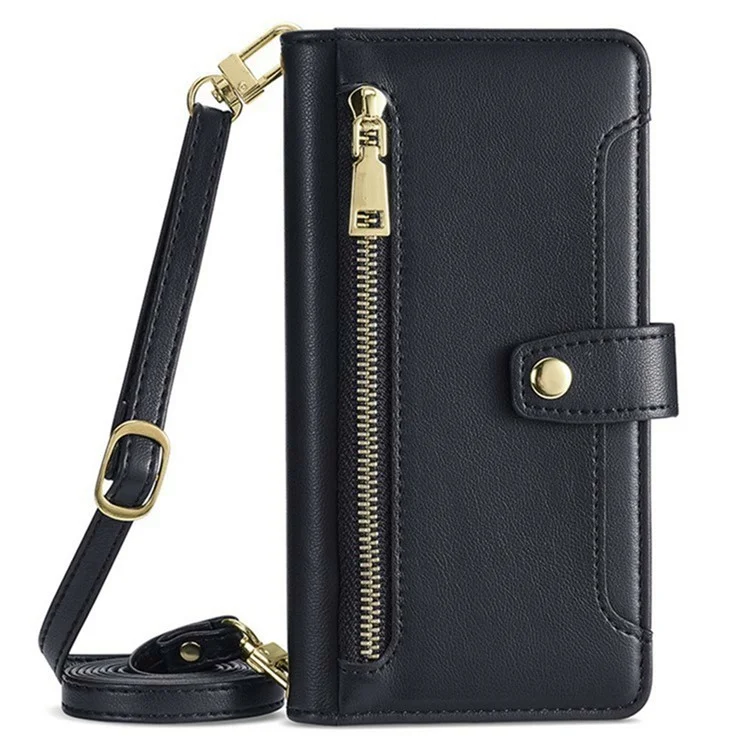 Capa de Couro para Xiaomi Redmi 14C 4G / 14R 5G / Poco C75 4G / A4 5G com Bolso de Zíper Carteira para Celular com 2 Alças - Preto