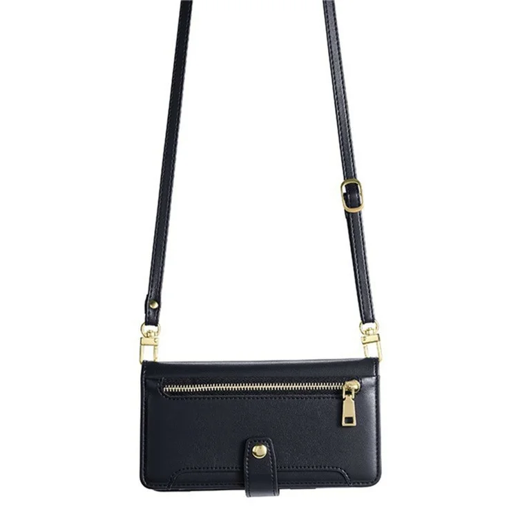 Pour Motorola Edge 50 Neo 5G Étui en Cuir avec Pochette à Fermeture Éclair et Porte-Cartes, Housse de Téléphone avec 2 Sangles - Noir