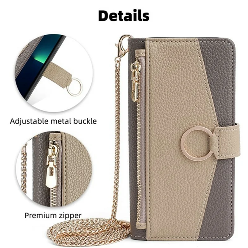 For Motorola Moto G35 5G Case Mirror Wallet Leather Phone Cover with Chain Shoulder Strap - Grey