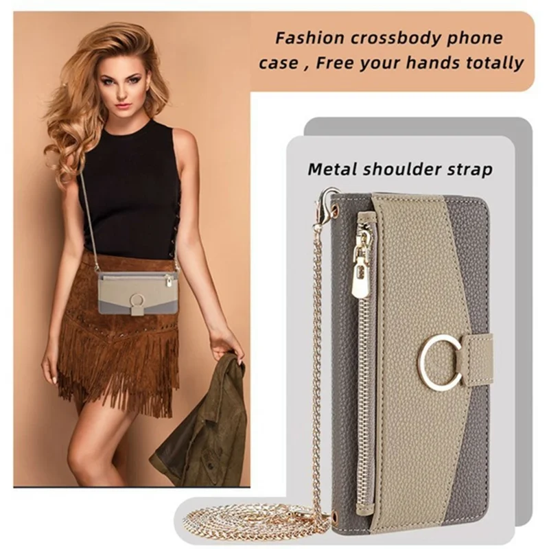 For Motorola Moto G35 5G Case Mirror Wallet Leather Phone Cover with Chain Shoulder Strap - Grey