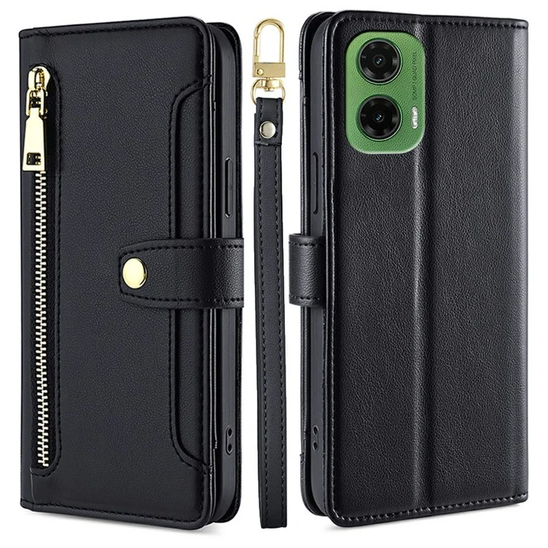 For Motorola Moto G35 5G Leather Case Zipper Pocket Wallet Phone Cover with 2 Straps - Black