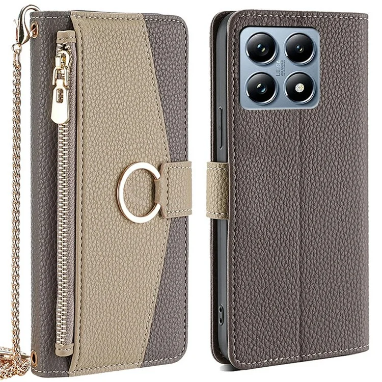 Para Xiaomi 14T Pro Capa Espelho Carteira Couro Capa de Telefone com Corrente Alça de Ombro - Cinza