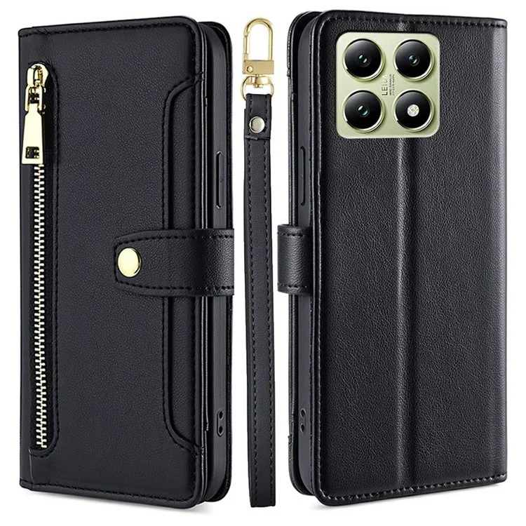 For Xiaomi 14T Leather Case Zipper Pocket Wallet Phone Cover with 2 Straps - Black