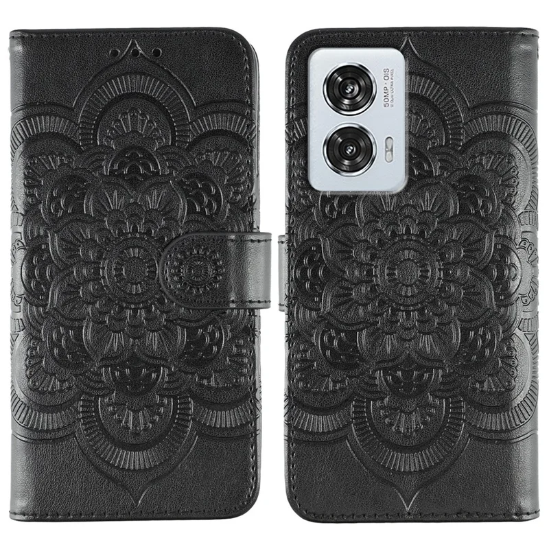 For Motorola Edge 50 Fusion 5G Case PU Leather Mandala Imprinted Design Wallet Phone Cover - Black