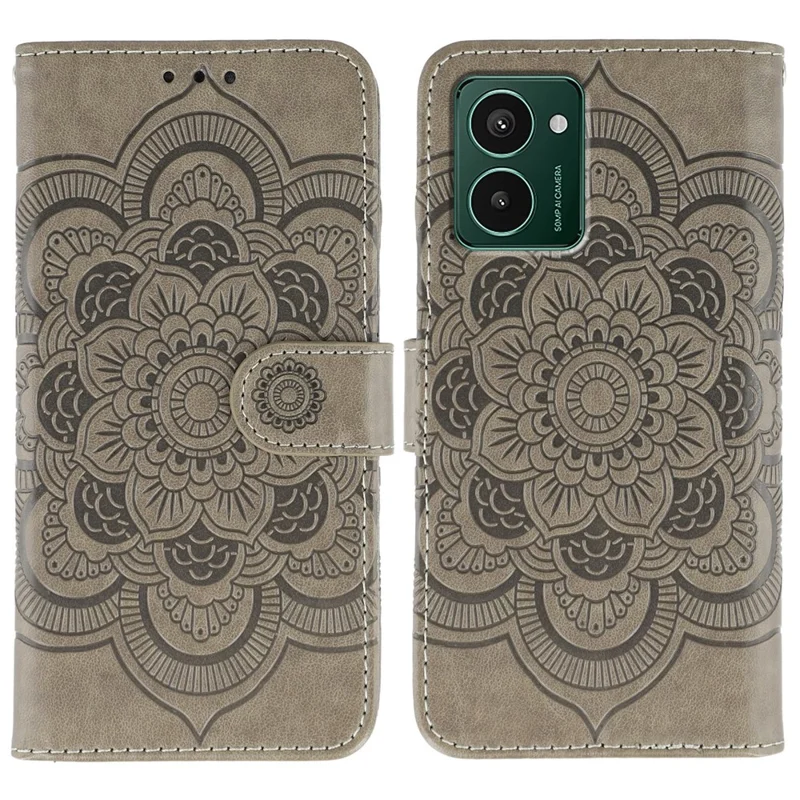 For HMD Pulse Pro Case PU Leather Mandala Imprinted Design Wallet Phone Cover - Grey