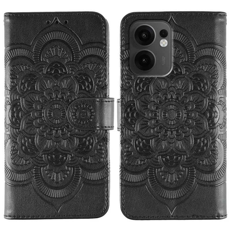 For Oppo Reno13 F 5G (Reno 13 FS 5G) / 4G Case PU Leather Mandala Imprinted Design Wallet Phone Cover - Black