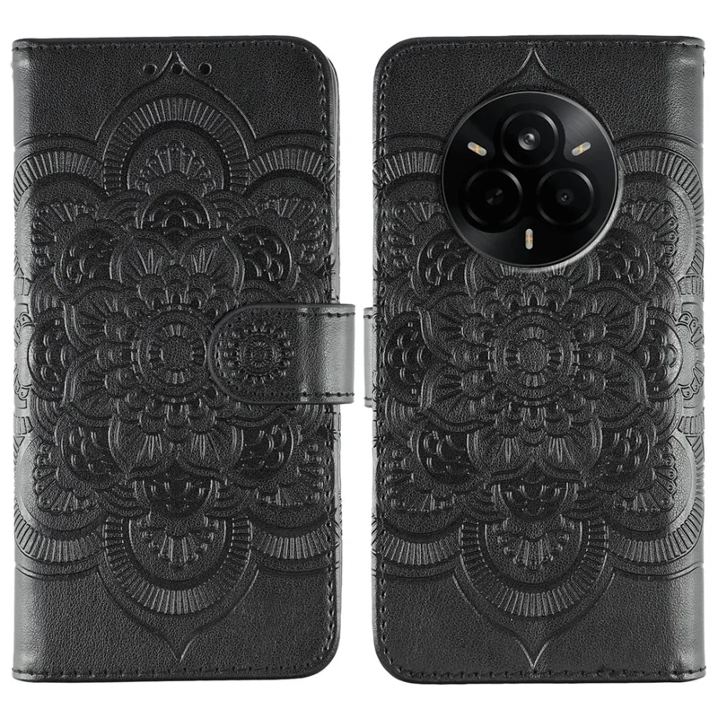 Voor Realme 14 Pro 5G hoesje PU leer Mandala afdruk design portemonnee telefoonhoes - Zwart