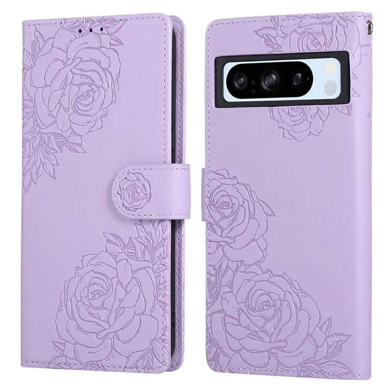 Google Pixel 8 Pro-Hülle Rosenblume PU-Leder-Brieftasche Handyhülle mit 3 Kartenfächern - Hellviolett