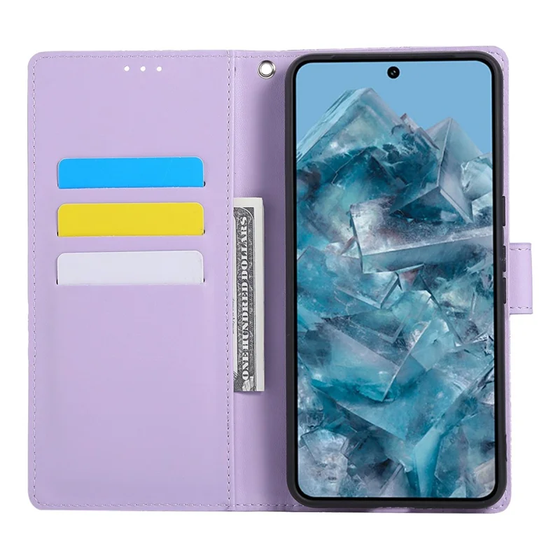 Google Pixel 8 Pro-Hülle Rosenblume PU-Leder-Brieftasche Handyhülle mit 3 Kartenfächern - Hellviolett