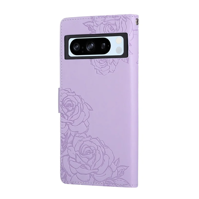 Google Pixel 8 Pro-Hülle Rosenblume PU-Leder-Brieftasche Handyhülle mit 3 Kartenfächern - Hellviolett