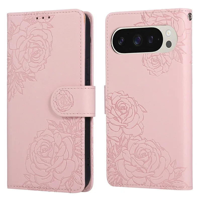 For Google Pixel 9 / 9 Pro Case Rose Flower PU Leather Wallet Phone Cover with 3 Card Slots - Rose Gold