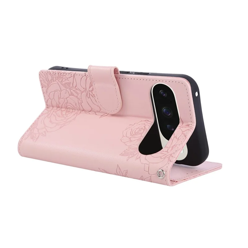 For Google Pixel 9 / 9 Pro Case Rose Flower PU Leather Wallet Phone Cover with 3 Card Slots - Rose Gold