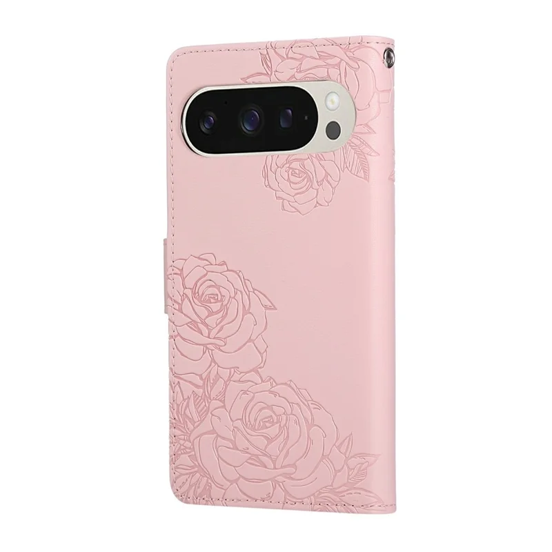For Google Pixel 9 / 9 Pro Case Rose Flower PU Leather Wallet Phone Cover with 3 Card Slots - Rose Gold