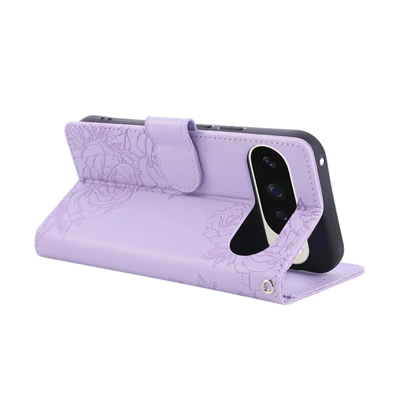 For Google Pixel 9 / 9 Pro Case Rose Flower PU Leather Wallet Phone Cover with 3 Card Slots - Light Purple