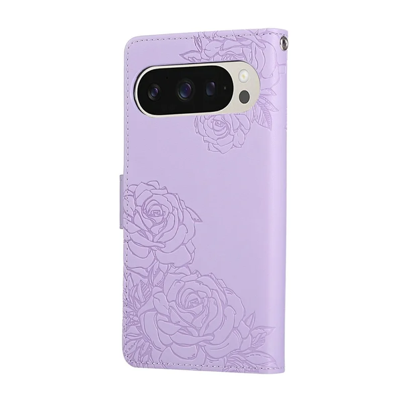 For Google Pixel 9 / 9 Pro Case Rose Flower PU Leather Wallet Phone Cover with 3 Card Slots - Light Purple