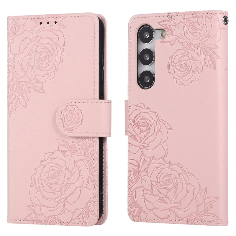 For Samsung Galaxy S23 Case Rose Flower PU Leather Wallet Phone Cover with 3 Card Slots - Rose Gold
