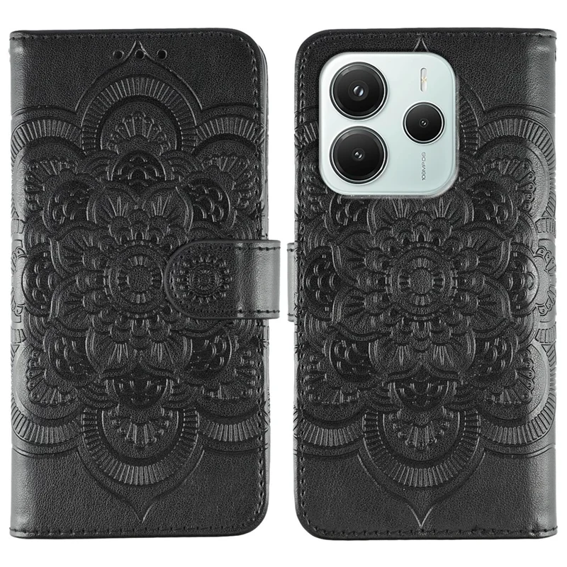 For Xiaomi Redmi Note 14 4G (163.25mm) Case PU Leather Mandala Imprinted Design Wallet Phone Cover - Black