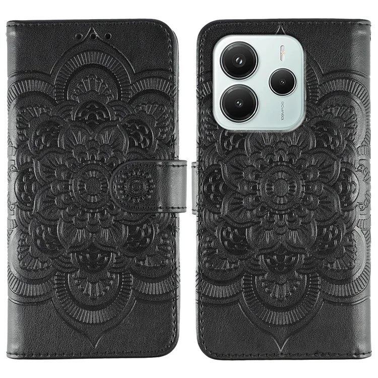 For Xiaomi Redmi Note 14 5G / Poco M7 Pro 5G Case PU Leather Mandala Imprinted Design Wallet Phone Cover - Black