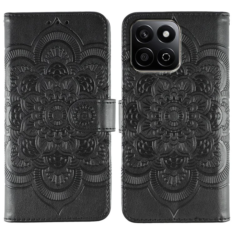 Para Honor X7c 4G Carcasa Diseño de Cartera Estampado Mandala de Cuero PU - Negro