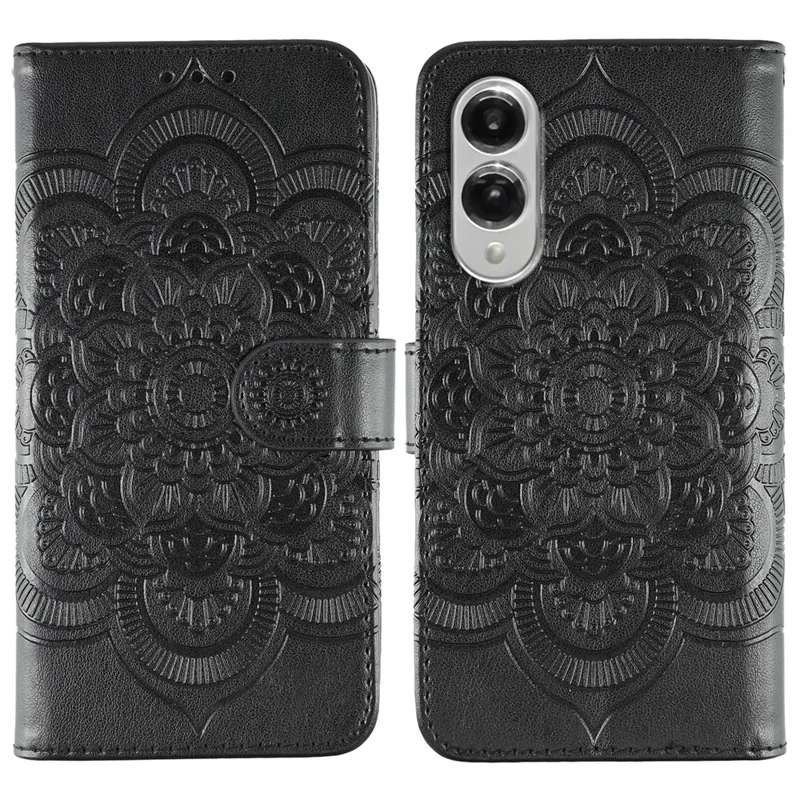 For Samsung Galaxy S25 Edge Case PU Leather Mandala Imprinted Design Wallet Phone Cover - Black
