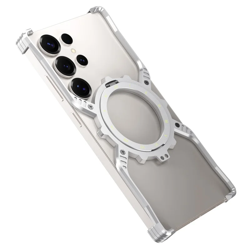For Samsung Galaxy S25 Ultra Case Luminous Magnetic Kickstand Aluminum Alloy + PC Bumper Phone Cover Heat Dissipation - Silver