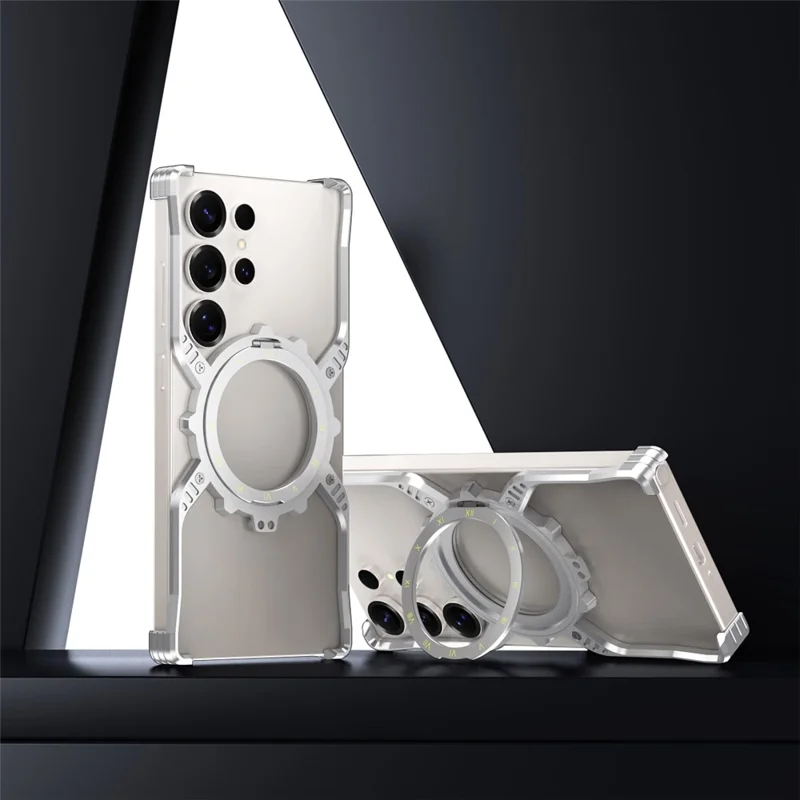 For Samsung Galaxy S25 Ultra Case Luminous Magnetic Kickstand Aluminum Alloy + PC Bumper Phone Cover Heat Dissipation - Silver