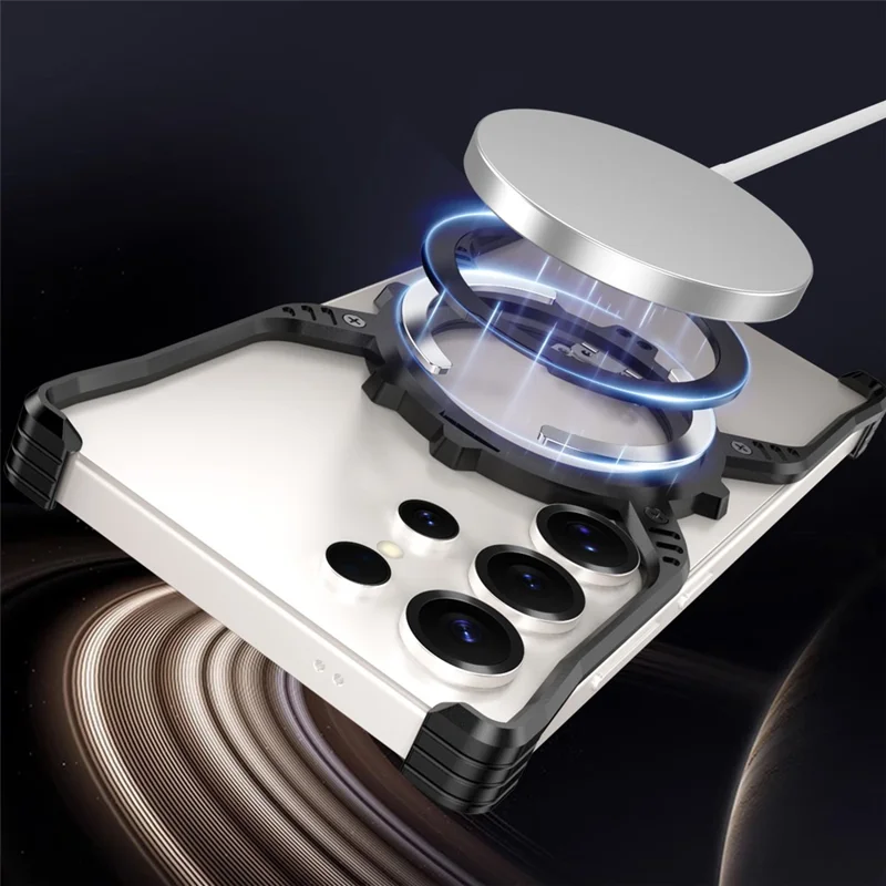 For Samsung Galaxy S25 Ultra Case Luminous Magnetic Kickstand Aluminum Alloy + PC Bumper Phone Cover Heat Dissipation - Silver