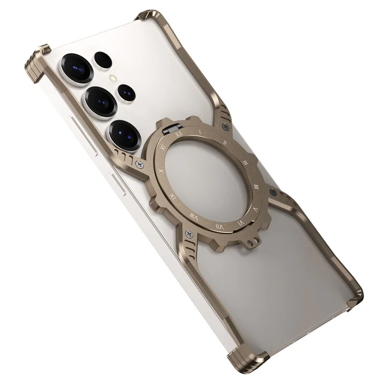 Coque pour Samsung Galaxy S24 Ultra - Étui Lumineux avec Support Magnétique, Alliage d'Aluminium + Bord de Protection en Polycarbonate, Dissipation Thermique - Or