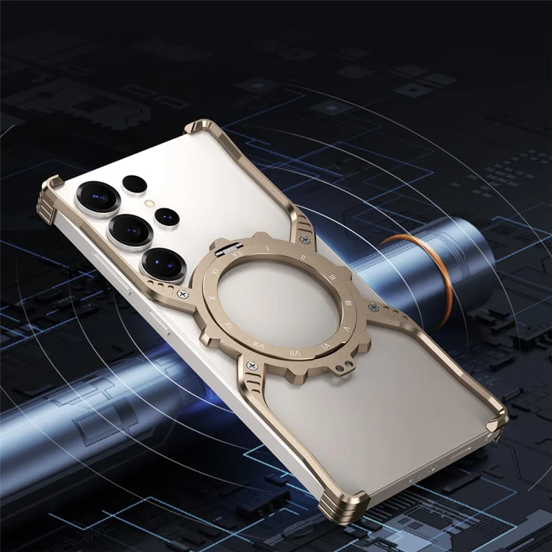 Coque pour Samsung Galaxy S24 Ultra - Étui Lumineux avec Support Magnétique, Alliage d'Aluminium + Bord de Protection en Polycarbonate, Dissipation Thermique - Or