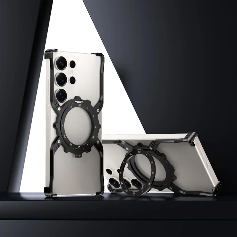 For Samsung Galaxy S23 Ultra Case Luminous Magnetic Kickstand Aluminum Alloy + PC Bumper Phone Cover Heat Dissipation - Black