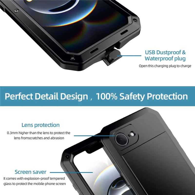 For iPhone 16e Case Silicone + Metal Anti-Drop Phone Cover with Tempered Glass Film - Black
