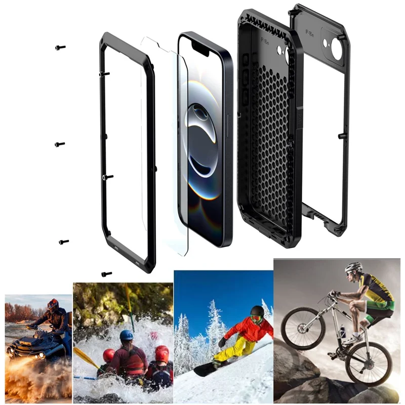For iPhone 16e Case Silicone + Metal Anti-Drop Phone Cover with Tempered Glass Film - Black